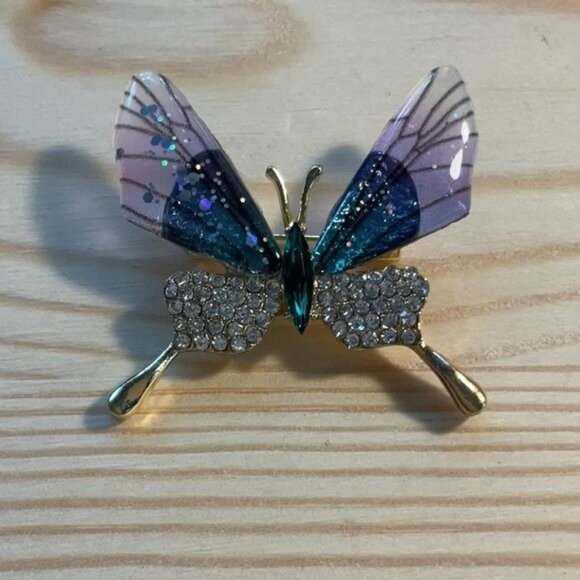 Purple Butterfly Rhinestone & Glitter Brooch Pin - Picture 1 of 4